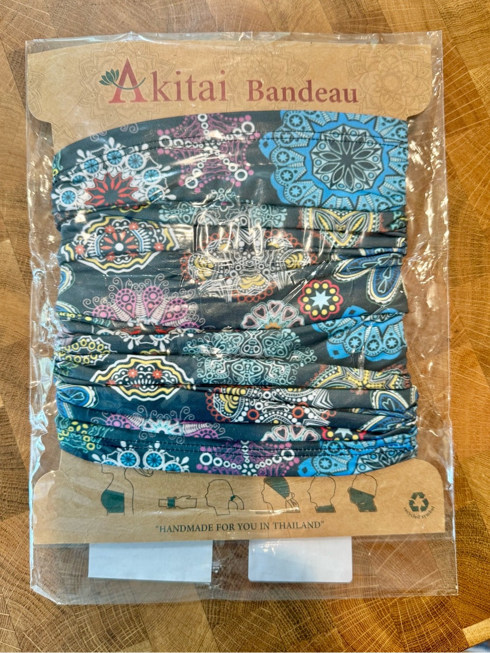 Akitai Bandeau Multi-Use Headband Mandala Paisley Print Gray Blue OS